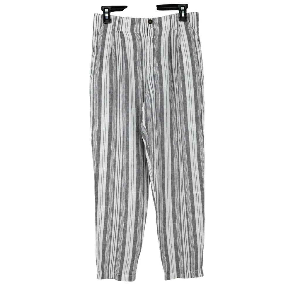 Garnet Hill Pants Womens 6 White Gray Stripe Linen Pockets Pleats Beach Nautical